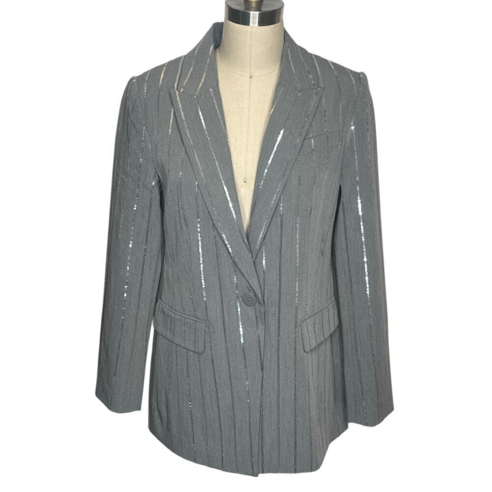 Elie Tahari Grey Silver Embellished Pinstripe Long-Sleeved Blazer Women's 8 NWT